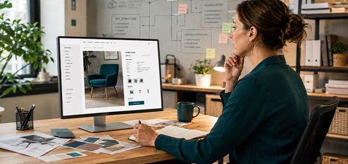 Designerin betrachtet auf ihrem Monitor eine KI-gestützte Produktseite mit Möbeln und Kategoriemenü, während sie Notizen auf Papier macht