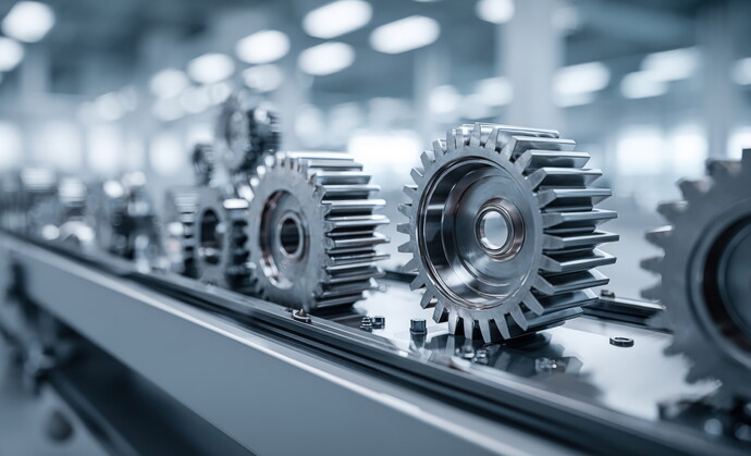 Nahaufnahme glänzender Zahnräder in einer modernen Produktionshalle