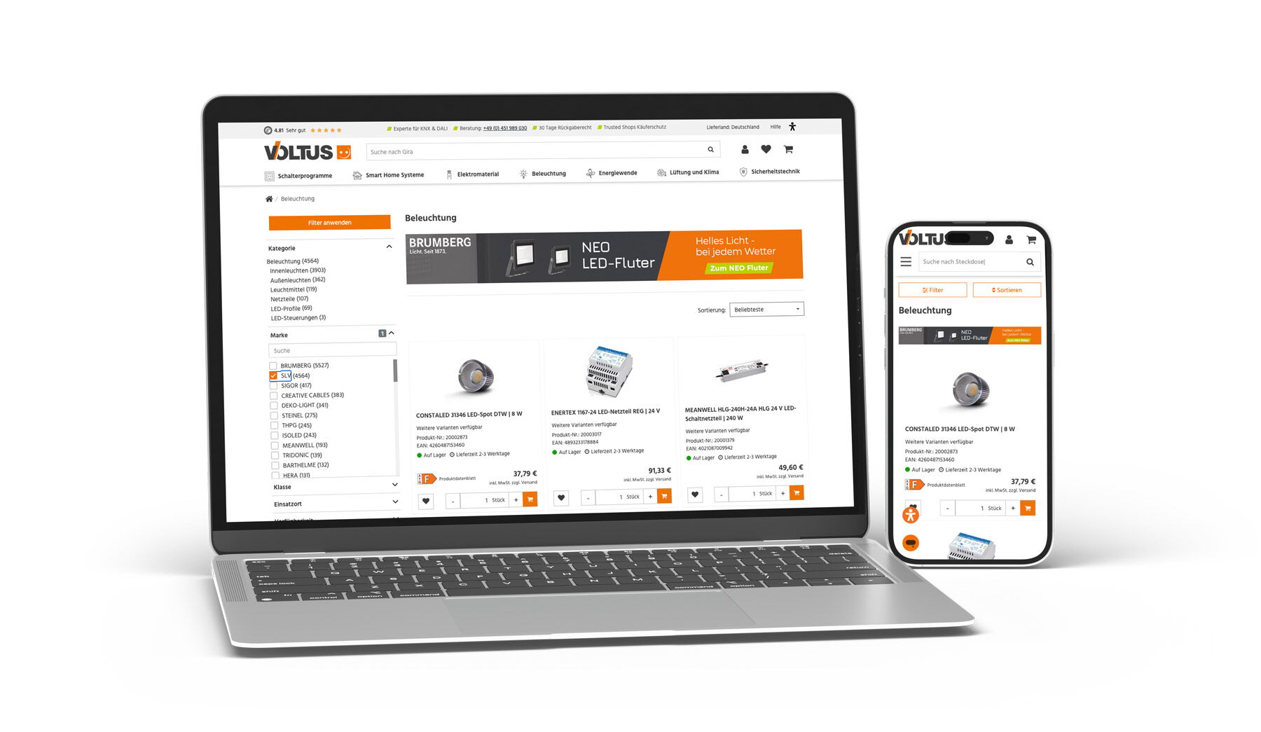 Voltus-Onlineshop für Beleuchtung auf Laptop und Smartphone dargestellt