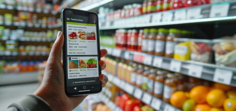 Hand mit Smartphone und Onlineshop im Browser. Im Hintergrund ist ein echter Laden abgebildet.