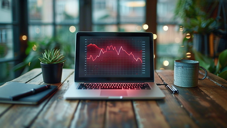 Laptop mit fallenden Diagramm auf Schreibtisch – Symbol für sinkende Impressionen in der Google Search Console