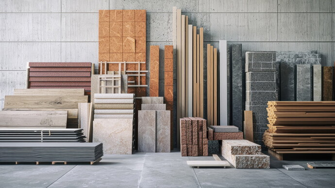Verschiedene Bauplatten und Materialien in einem Lagerraum gestapelt