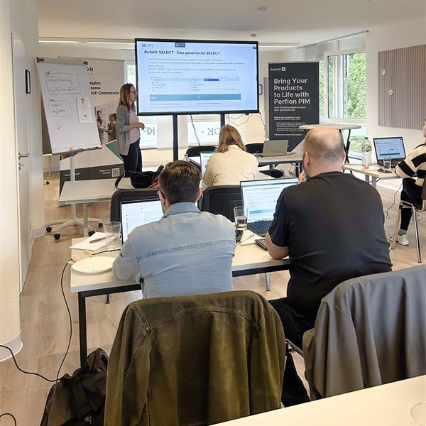Perfion Schulung mit Vortragender am Bildschirm und Teilnehmenden an Laptops