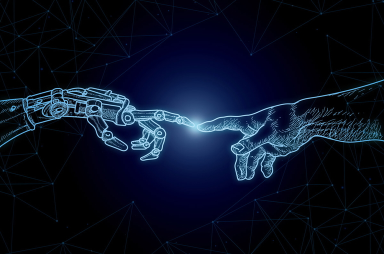 Illustration Mensch und Roboterhand berühren sich, Symbol für KI und Technologie