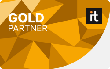 Perfion Gold Partner Abzeichen mit geometrischem, goldfarbenem Hintergrund und 'it' Logo.
