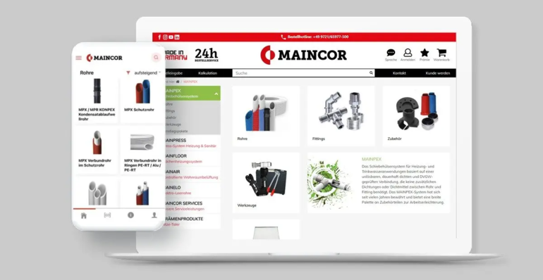 Maincor Website auf einem Laptop und auf einem Handy