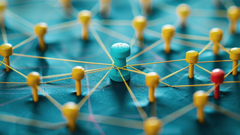 Symbolisches Netzwerk mit Stecknadeln und Fäden