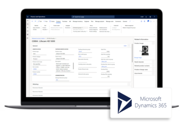 Laptop-Bildschirm mit geöffneter Microsoft Dynamics 365 Benutzeroberfläche und Microsoft Dynamics 365 Logo.