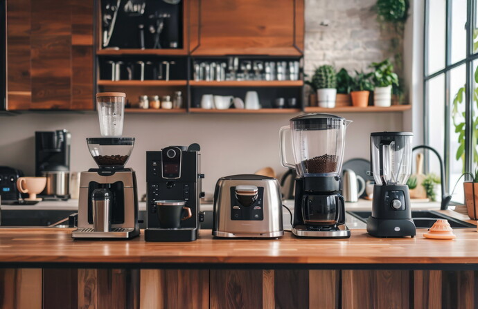 Küchenarbeitsplatte mit modernen Küchengeräten wie Kaffeemaschine, Toaster und Mixer