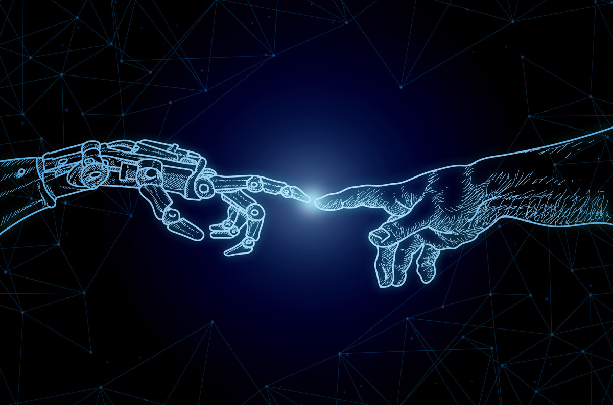 Illustration Mensch und Roboterhand berühren sich, Symbol für KI und Technologie